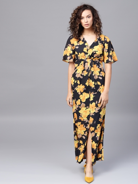 

SASSAFRAS Women Black & Mustard Yellow Printed Maxi Dress