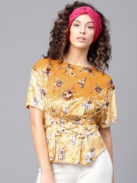 

SASSAFRAS Women Mustard Yellow Printed Cinched Waist Top