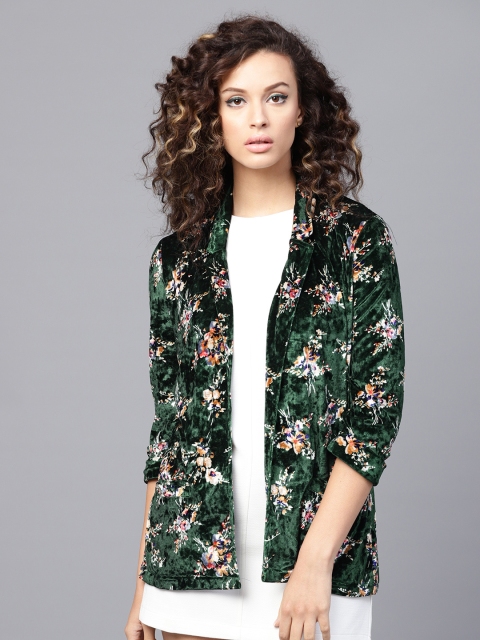 

SASSAFRAS Green & Beige Floral Print Velvet Finish Open-Front Jacket