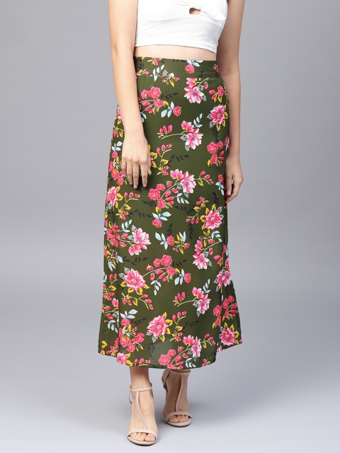 

SASSAFRAS Olive Green & Pink Floral Maxi A-line Skirt