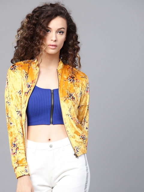 

SASSAFRAS Women Mustard Printed Velvet Bomber Jacket