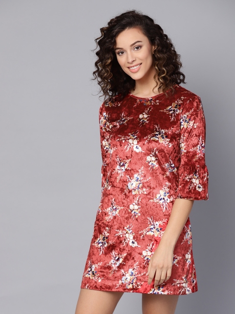 

SASSAFRAS Women Rust Red Printed Velvet Finish A-Line Dress