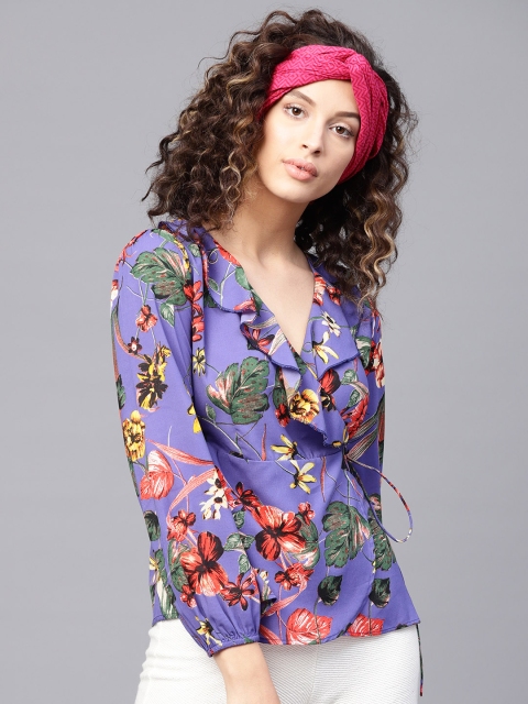 

SASSAFRAS Women Purple Printed Wrap Top