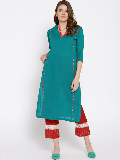 

Shakumbhari Women Green & Red Solid Kurta with Trousers