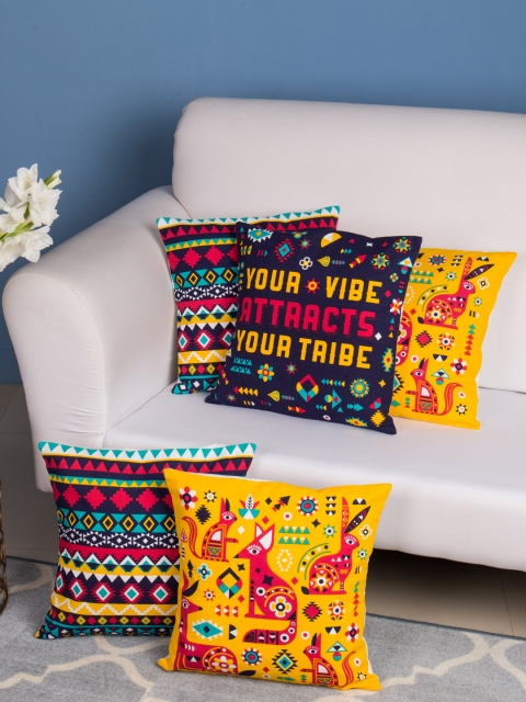 

Chumbak Multicoloured Set of 5 Ethnic Motifs Square Cushion Covers, Multi