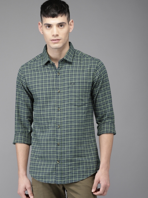 The Indian Garage Co Men Green & Navy Slim Fit Checked Casual Shirt