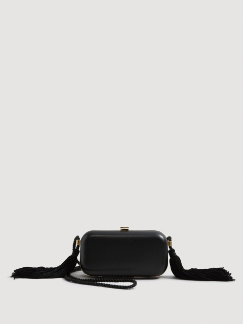 

MANGO Black Solid Tasselled Box Clutch