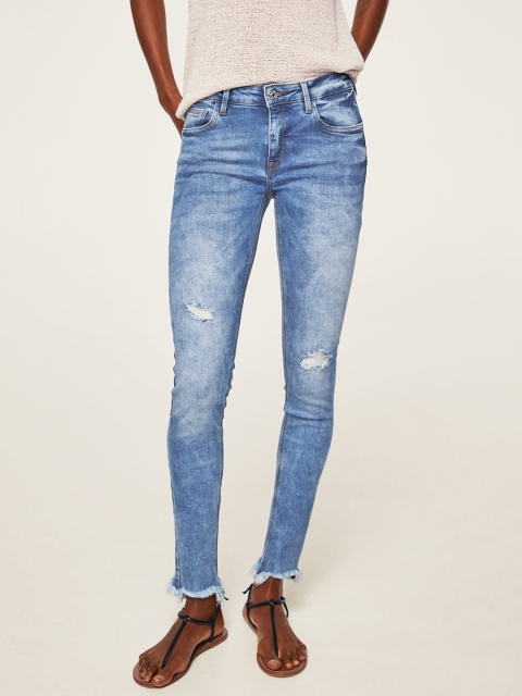 

MANGO Women Blue Skinny Fit Mid-Rise Low Distress Stretchable Jeans