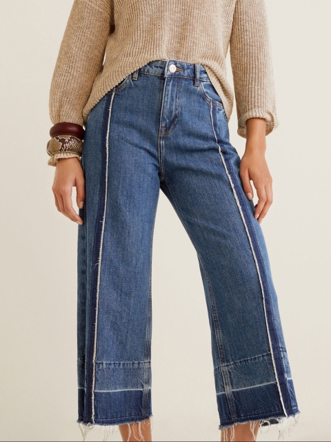 

MANGO Women Blue Flared Fit Mid-Rise Clean Look Cropped Jeans