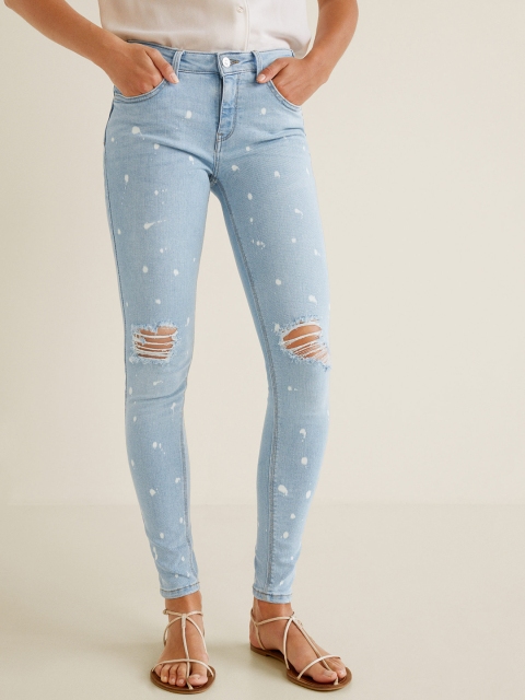 

MANGO Women Blue Skinny Fit Mid-Rise Low Distress Printed Stretchable Jeans