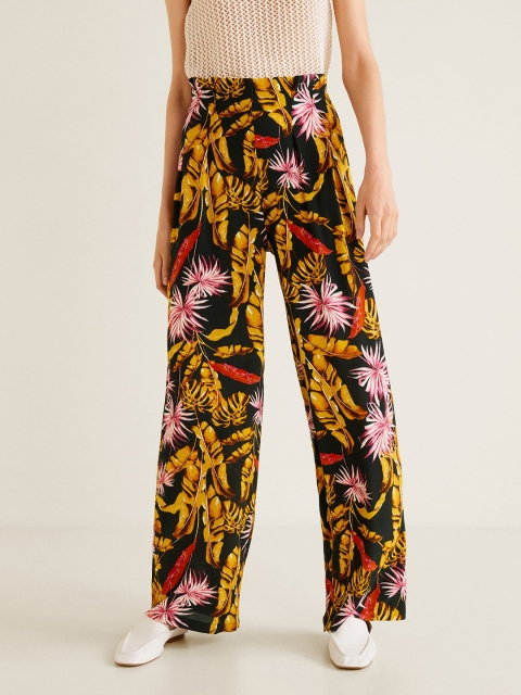 

MANGO Women Black & Yellow Regular Fit Printed Parallel Trousers