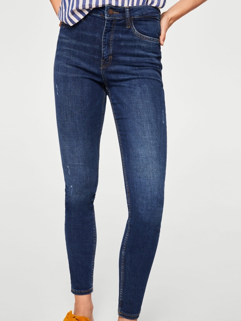 

MANGO Women Navy Blue Skinny Fit High-Rise Low Distress Stretchable Jeans