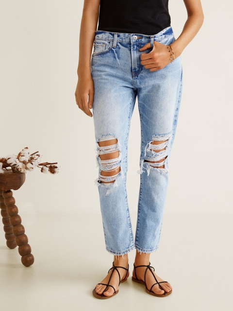

MANGO Women Blue Relaxed Fit Mid-Rise Highly Distressed Jeans