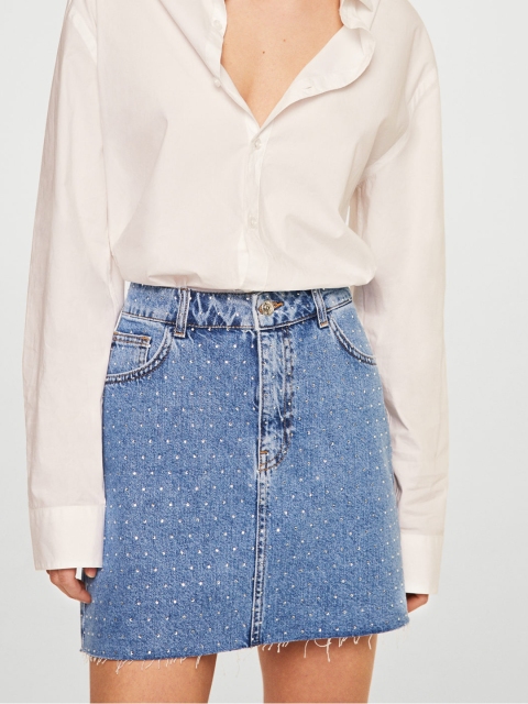 

MANGO Women Blue Embellished Mini Denim A-Line Pure Cotton Skirt