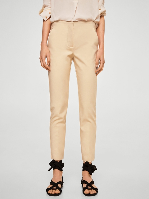 

MANGO Women Beige Solid Regular Trousers