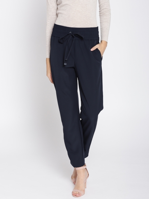 

MANGO Women Navy Regular Fit Solid Peg Trousers, Navy blue