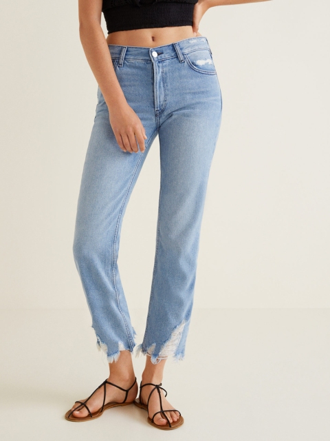 

MANGO Women Blue Straight Fit Mid-Rise Low Distress Cropped Jeans