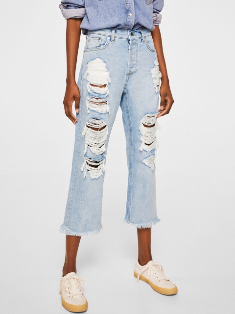 

MANGO Women Blue Regular Fit Mid-Rise Highly Distressed Jeans