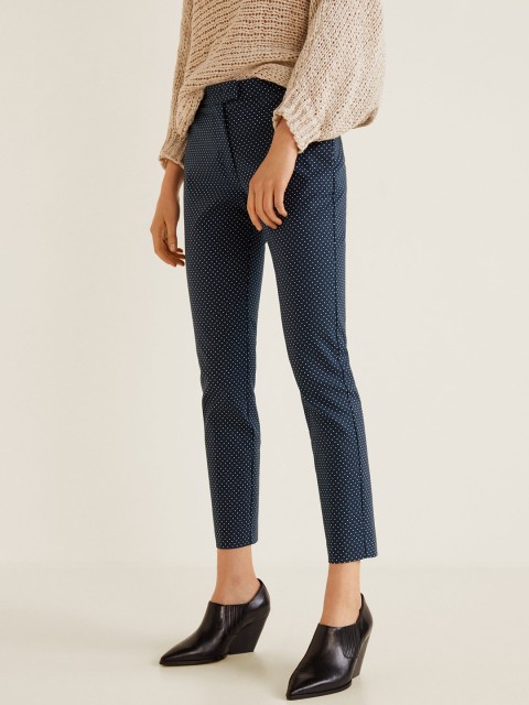 

MANGO Women Navy Blue Regular Fit Printed Cigarette Trousers