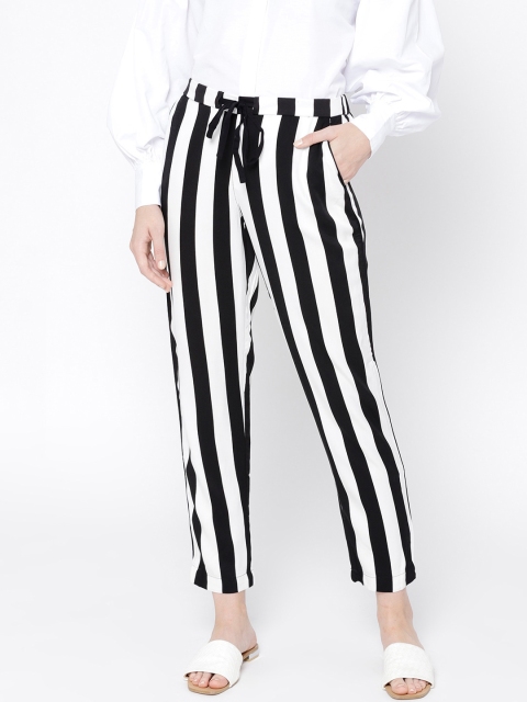 

MANGO Women White & Black Regular Fit Striped Regular Trousers