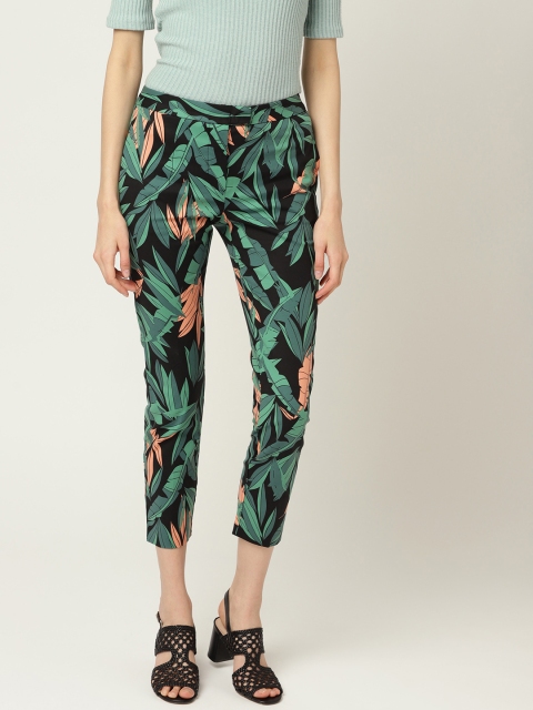 

MANGO Women Black & Green Regular Fit Printed Cropped Trousers