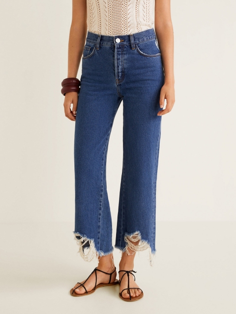 

MANGO Women Blue Relaxed Straight Fit Mid-Rise Low Distress Jeans