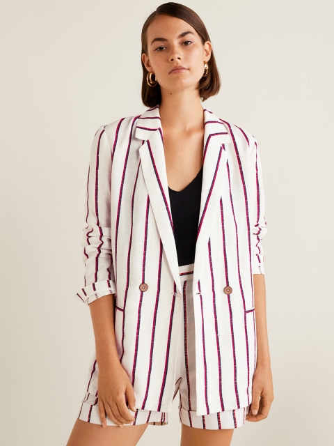 

MANGO Women White & Red Striped Single-Breasted Casual Blazer