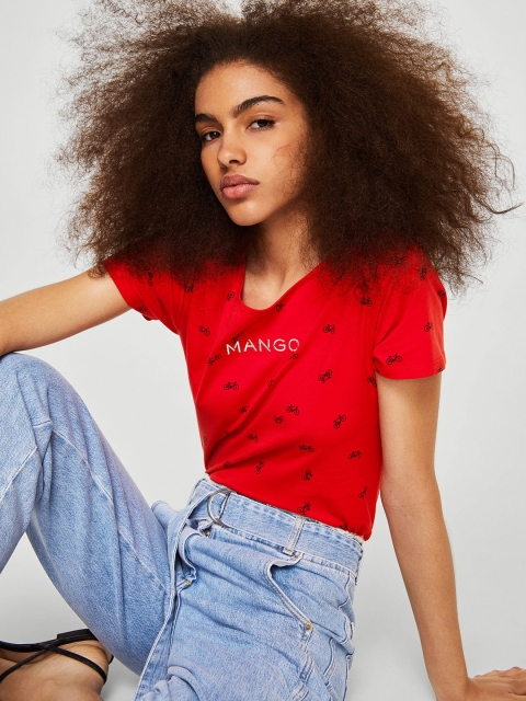 

MANGO Women Red Printed Round Neck T-shirt