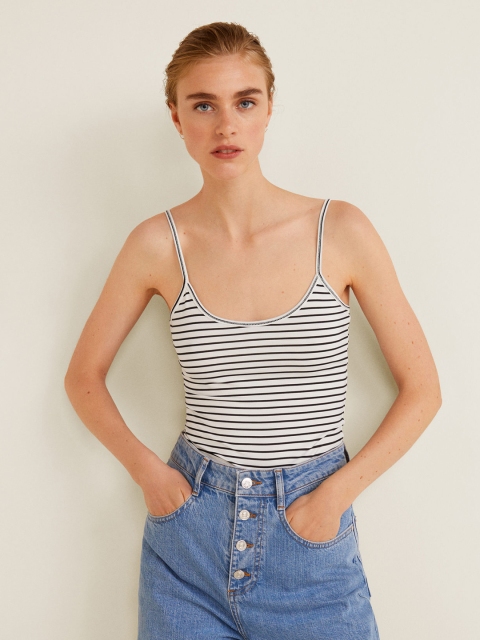 

MANGO Women White & Black Striped Fitted Top