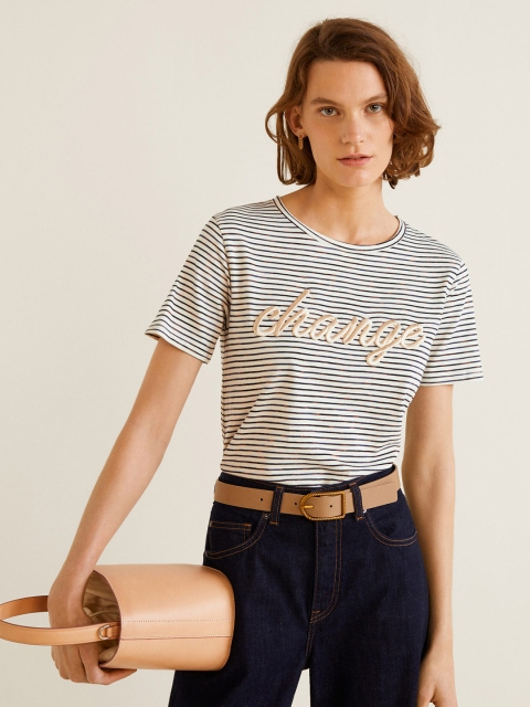 

MANGO Women Off-White & Navy Blue Striped Round Neck T-shirt