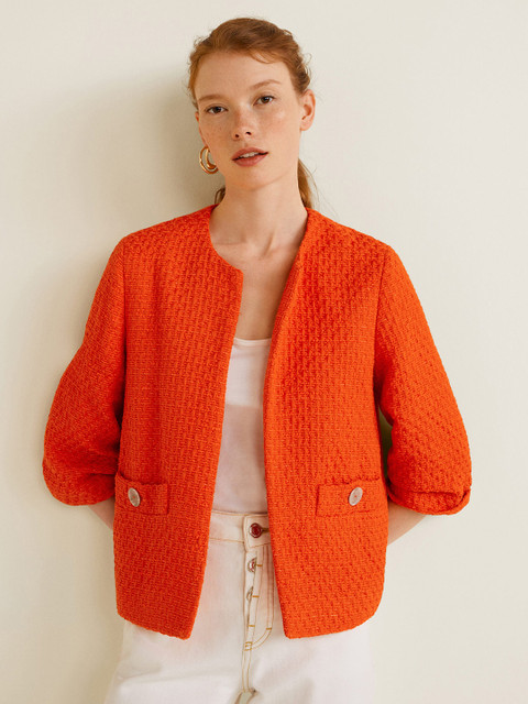 

MANGO Women Orange Self Design Open Front Jacket