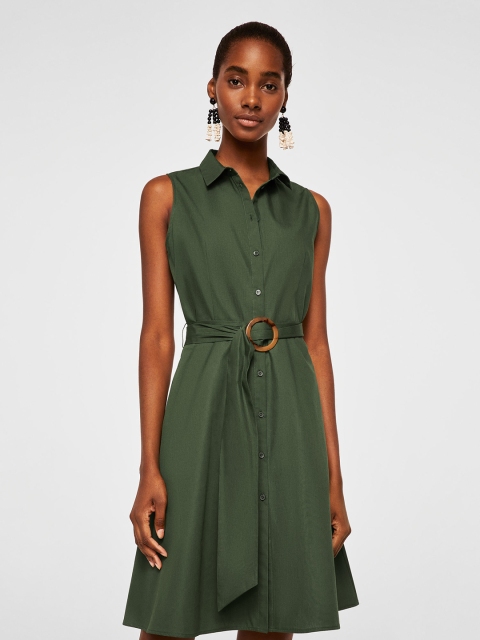 

MANGO Women Olive Green Solid Shirt Dress