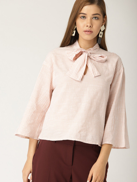 

MANGO Women White & Dusty Pink Striped Boxy Pure Cotton Top