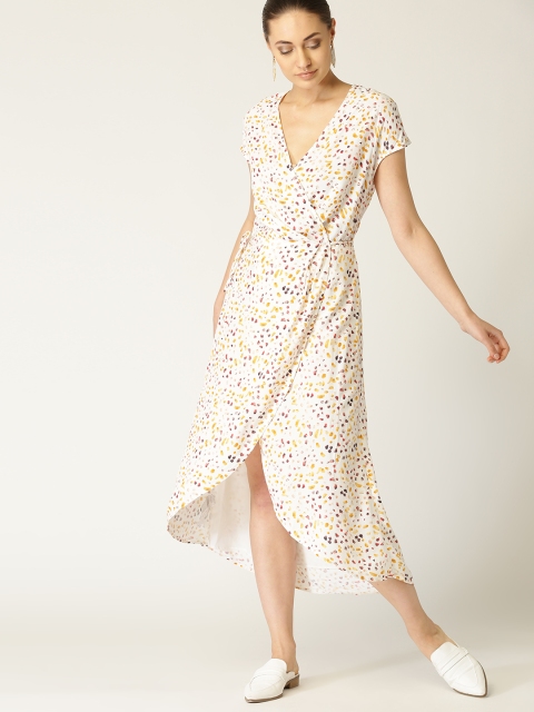 

MANGO Women White & Mustard Yellow Printed Wrap Dress