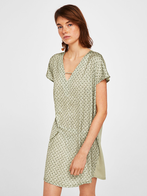 

MANGO Women Green Printed Shift Dress