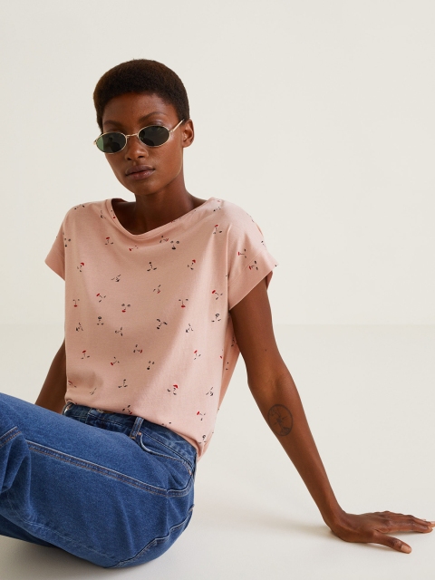 

MANGO Women Pink Printed Round Neck T-shirt