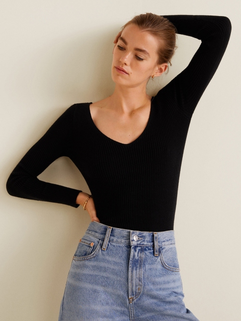 

MANGO Women Black Self Design Pullover