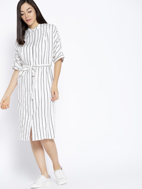 

MANGO Women Off-White Striped Midi Shirt Dress