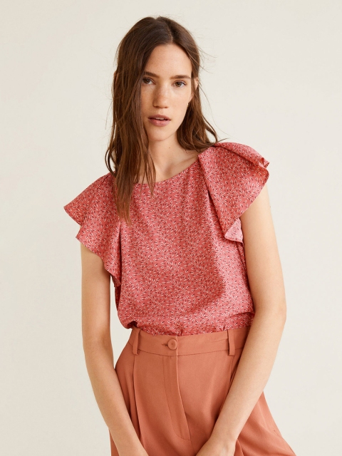 

MANGO Women Rust Brown Printed Styled Back Top