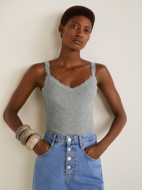 

MANGO Women Grey Solid Fitted Top