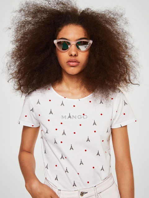 

MANGO Women White Printed Round Neck Pure Cotton T-shirt