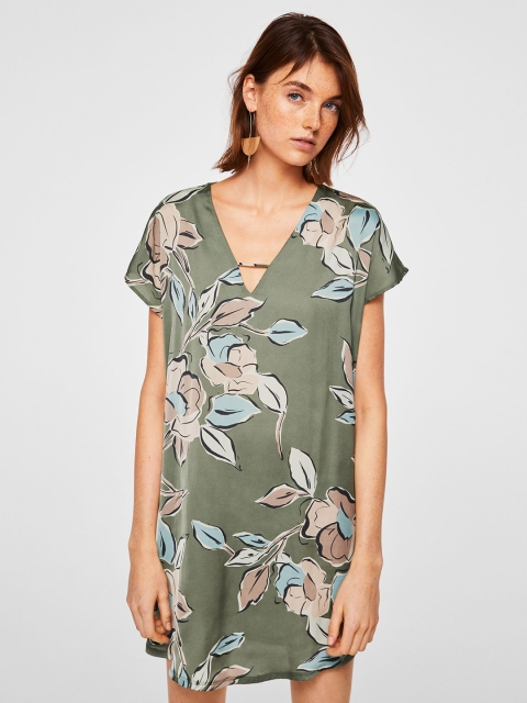 

MANGO Women Olive Green Printed A-Line Dress