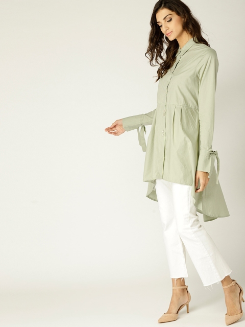 

MANGO Women Green Regular Fit Solid Longline Casual Shirt