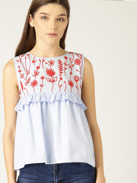 

MANGO Women Blue Embroidered A-Line Top