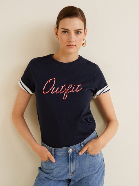 

MANGO Women Navy Blue Printed Round Neck T-shirt