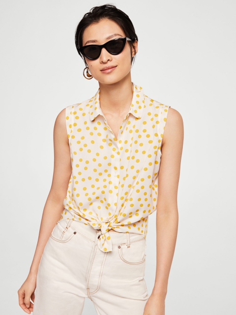 

MANGO Women Off-White & Mustard Yellow Printed Casual Shirt