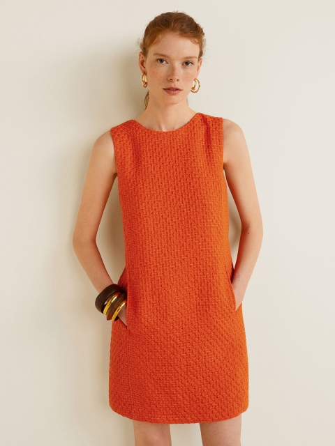 

MANGO Women Orange Self Design A-Line Dress