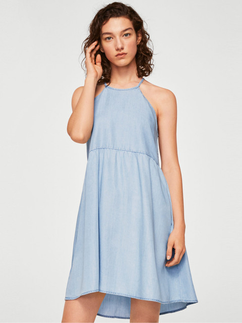 

MANGO Women Blue Solid A-Line Chambray Dress