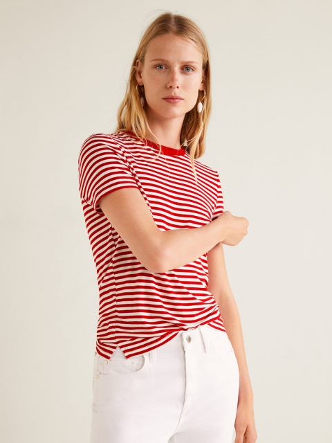 

MANGO Women Red & White Striped Round Neck T-shirt