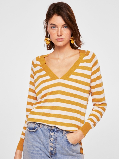 

MANGO Women Mustard Yellow & White Striped High-Low Top